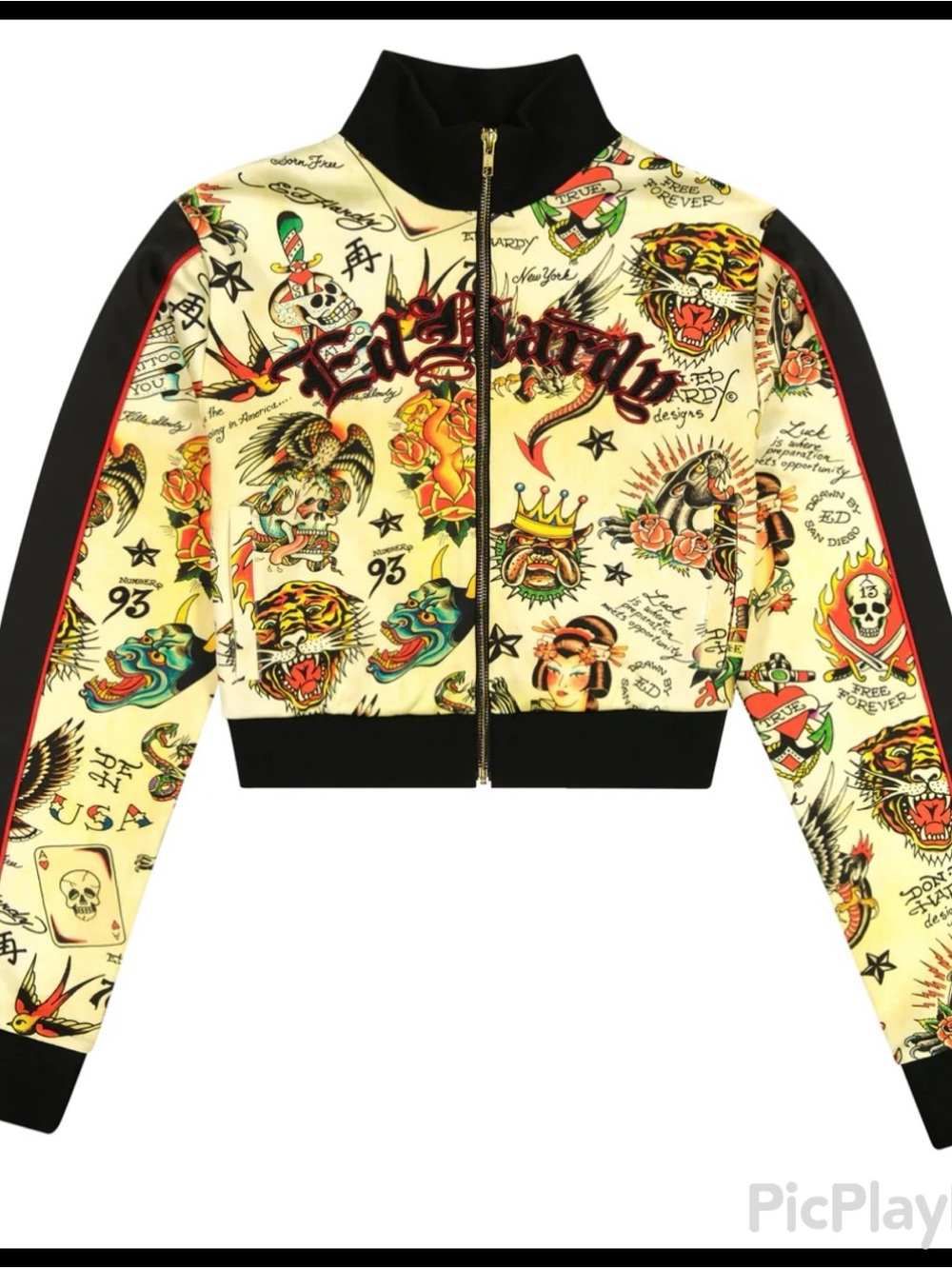 Ed Hardy Shrunken Flashboard Cropped Track Jacket -Tatoo Print Size L (NWOT)